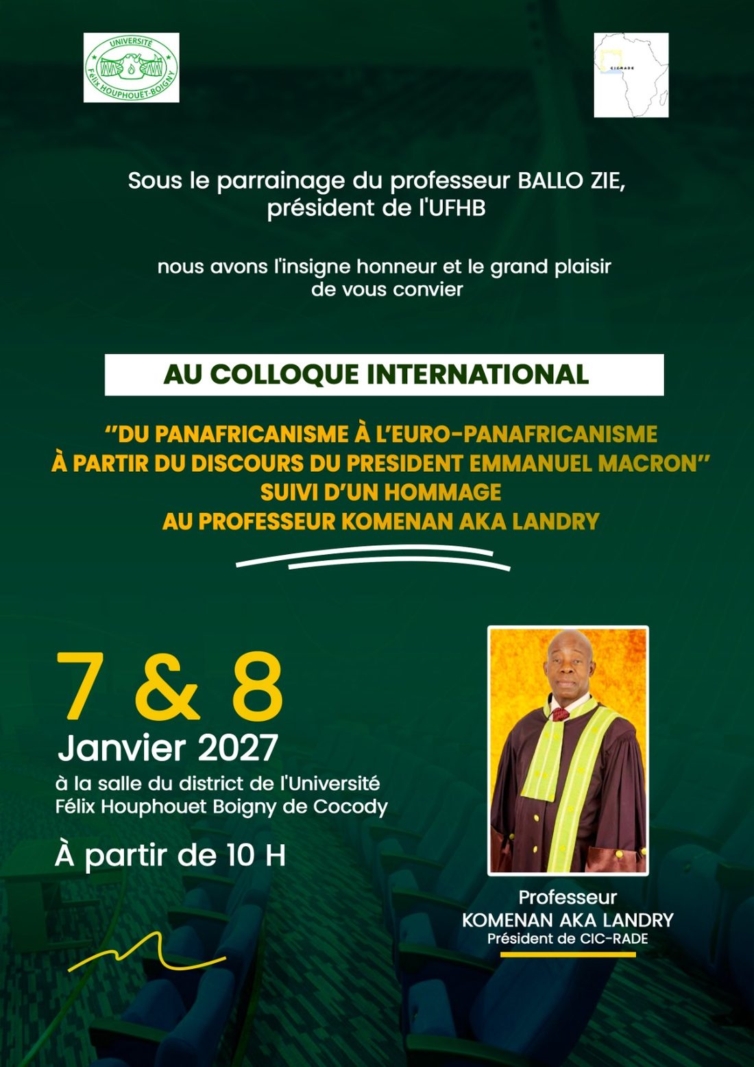 Affiche du colloque international CIC-RADE des 7 et 8 janvier 2027, Du panafricanisme à l'euro-panafricanisme, suivi d'un hommage au professeur Komenan Aka Landry